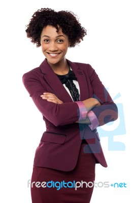 Happy Business Woman With Hands Folded Stock Photo