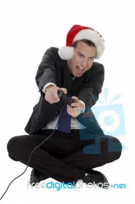 Happy Businessman Playing Video Game Stock Photo