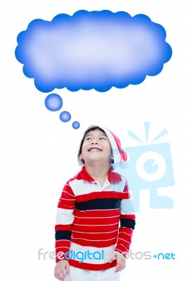 Happy Christmas Boy And Speech Bubble,on White Background Stock Photo