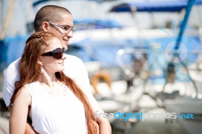 Happy Couple At Harbour Stock Photo