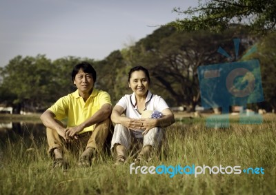 Happy Couple Posing For A Portrait In Park Stock Photo