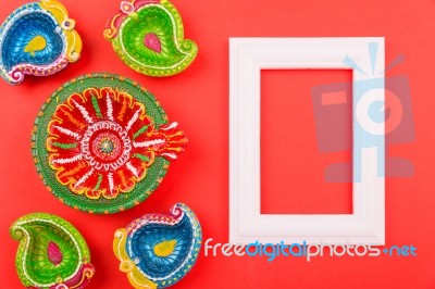 Happy Diwali Day, Flat Lay Top View Colorful Clay Diya Lamps And… Stock Photo