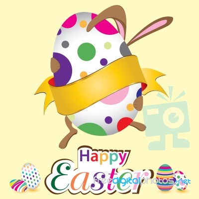 Happy Easter Bunny With Big Egg. Little Gift At Easter.  Easter Day  On Yellow Background Stock Image