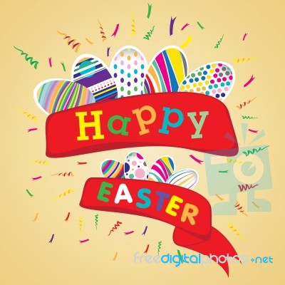 Happy Easter With Colorful Egg On Yellow Background.  Happy Easter On Party Background Stock Image