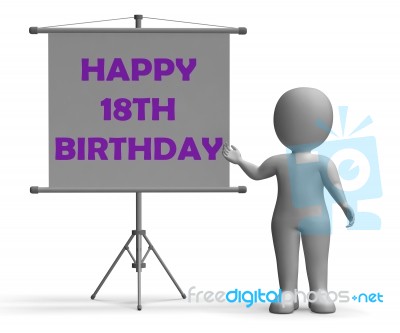 Happy Eighteenth Birthday Board Shows Happy Celebration Stock Image