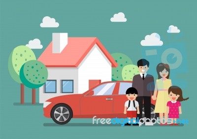 Happy Family Standing Against Car And House Stock Image