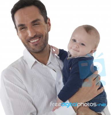 Happy Father With Son Over White Background Stock Photo