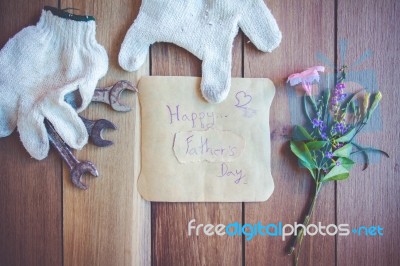 Happy Fathers Day With Top Border Of Tools And Ties On A Rustic Stock Photo