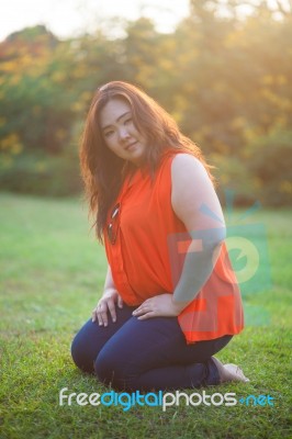 Happy Fatty Woman Posing Outdoor Stock Photo