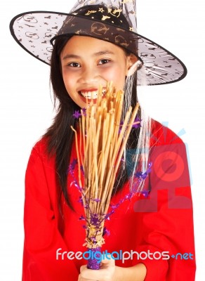 Happy Girl In Witch S Costume Stock Photo