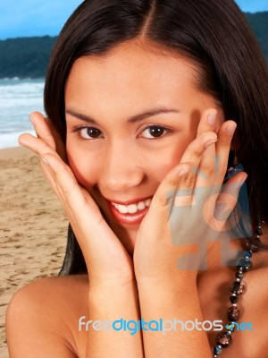 Happy Girl On Beach Stock Photo