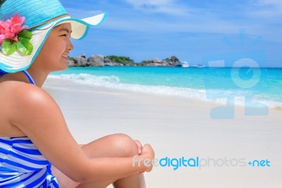 Happy Girl On The Beach At Thailand Stock Photo