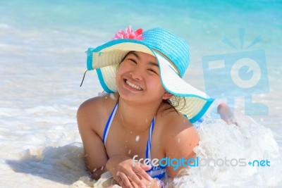 Happy Girl On The Beach At Thailand Stock Photo