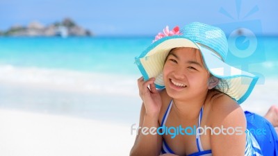 Happy Girl On The Beach At Thailand Stock Photo