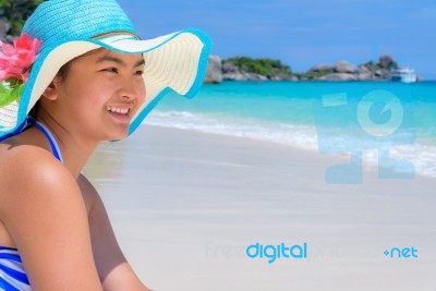 Happy Girl On The Beach At Thailand Stock Photo