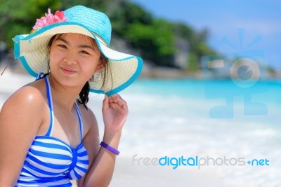 Happy Girl On The Beach At Thailand Stock Photo