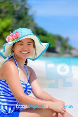 Happy Girl On The Beach At Thailand Stock Photo