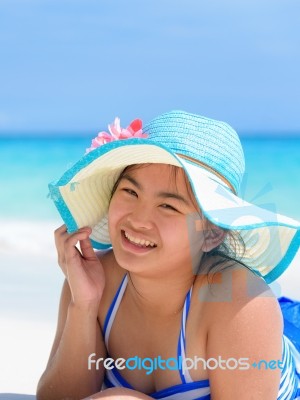 Happy Girl On The Beach At Thailand Stock Photo