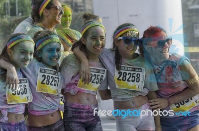 Happy Girls Of The Color Run Of Rimini Stock Photo