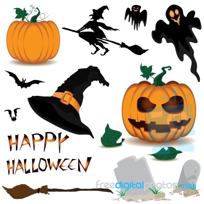 Happy Halloween And Pumpkin, Witch, Spooky, Bats, Objects Isolated On White Background Stock Image