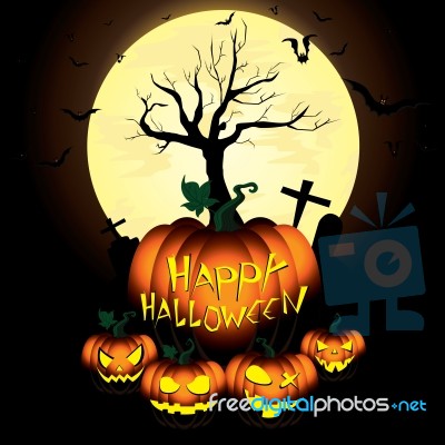 Happy Halloween Pumpkin And Bats In Moon Night On Black Sky Stock Image