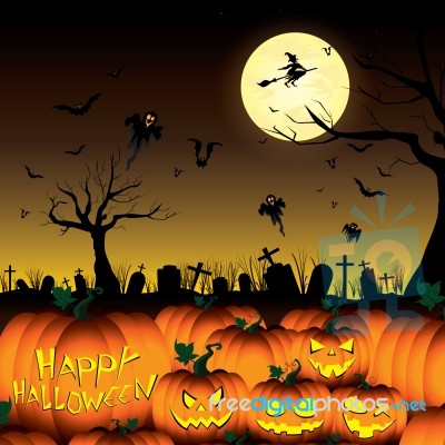 Happy Halloween Pumpkin And Witch Ghost Bats With Tree In Moon Night On Black Sky Stock Image