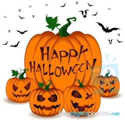 Happy Halloween Pumpkin Set And Bats In Sky On White Background Stock Image