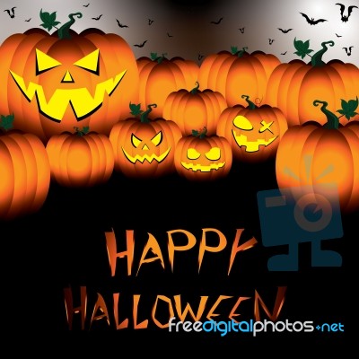 Happy Halloween Pumpkin Set With Bats On Black Night Sky Background Stock Image