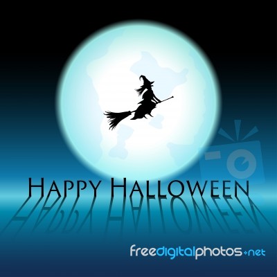 Happy Halloween Witch On Blue Moon Stock Image