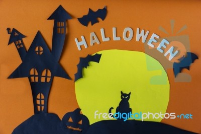 Happy Halloween With Haunted House Castle And Black Cat And Moon… Stock Photo