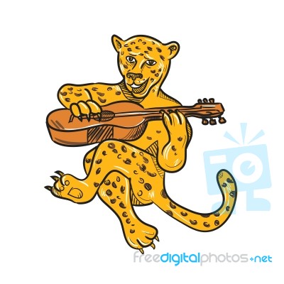 Happy Jaguar Playing Acoustic Guitar Cartoon Stock Image