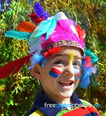 Happy Kid Dressed As Indian Stock Photo