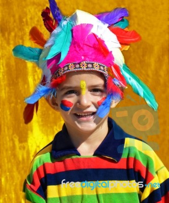 Happy Kid Dressed As Indian Stock Photo