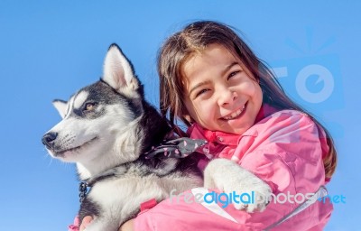 Happy Little Girl Holding Her Puppy Dog Husky Stock Photo