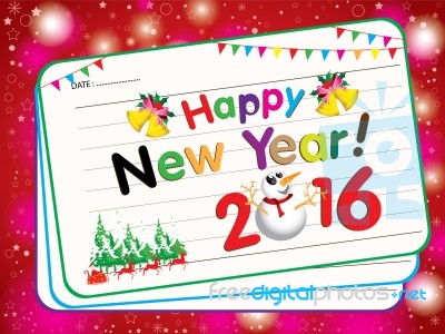 Happy New Year 2016 Card On Pink Snow Background. With New Year Party And Santa Claus On Red Background Stock Image