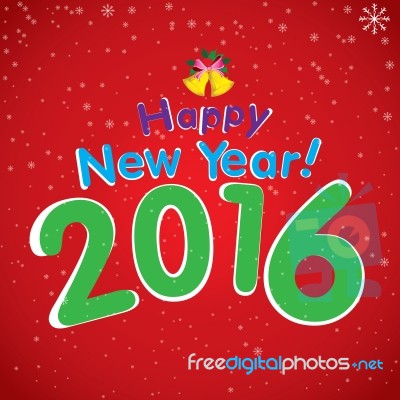 Happy New Year 2016. The White Snow And Bell On Red Background Stock Image