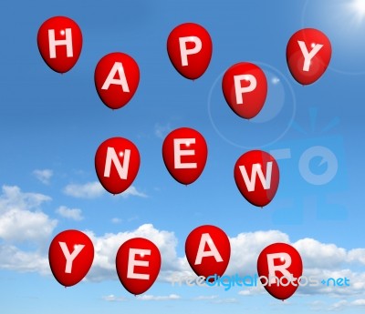 Happy New Year Balloons In Sky Stock Image