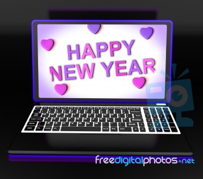 Happy New Year Laptop Message Shows Online Greeting Stock Image