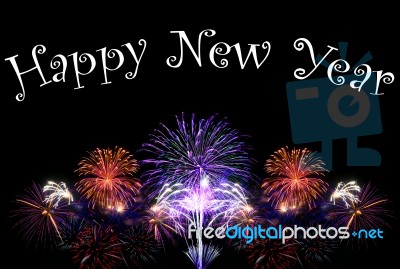 Happy New Year Text With Colorful Fireworks Stock Photo