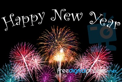 Happy New Year Text With Colorful Fireworks Stock Photo