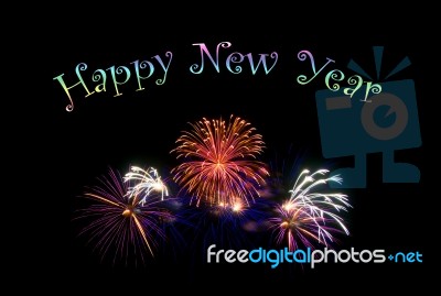 Happy New Year Text With Colorful Fireworks Stock Photo