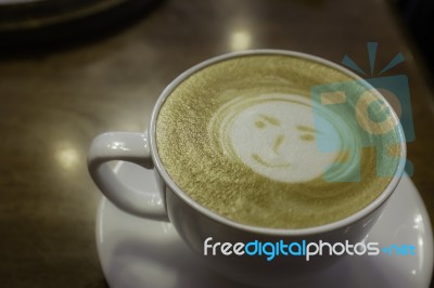 Happy Smiling Face Milk Foam Design Hot Cappuccino Coffee Stock Photo