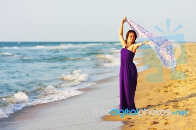 Happy Smiling White Girl On The Beach Stock Photo