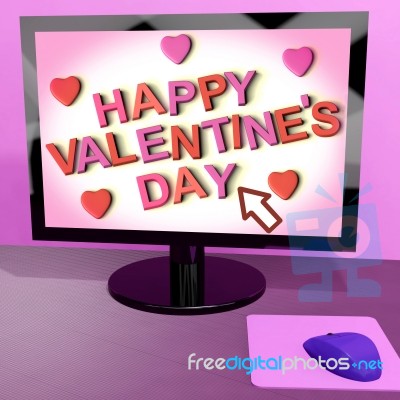 Happy Valentine's Day On Computer Screen Showing Online Greeting… Stock Image