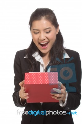 Happy With Red Gift Box Stock Photo