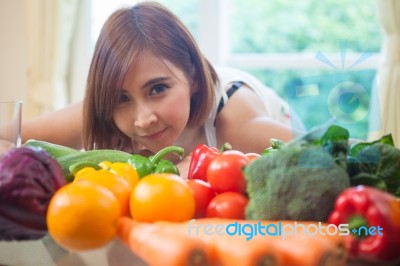 Happy Woman Cooking Vegetables Green Salad Stock Photo