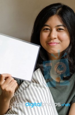 Happy Woman Hold White Blank Board Stock Photo