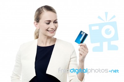 Happy Woman Holding Credit Card Stock Photo