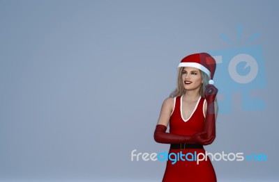 Happy Woman In Christmas Outfit Looking Up,3d Rendering Stock Image