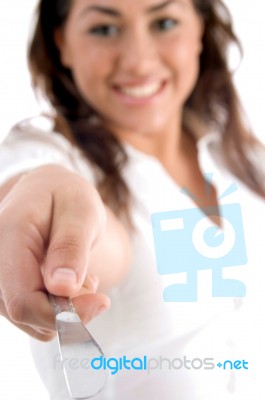 Happy Woman Posing With Knife Stock Photo